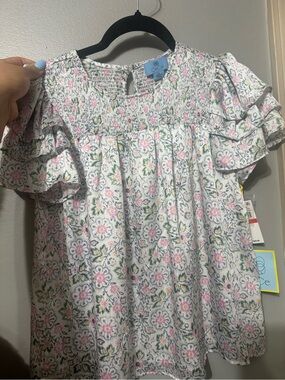 CeCe White Floral Smocked Ruffle Sleeve Blouse with Pink & Green Accents